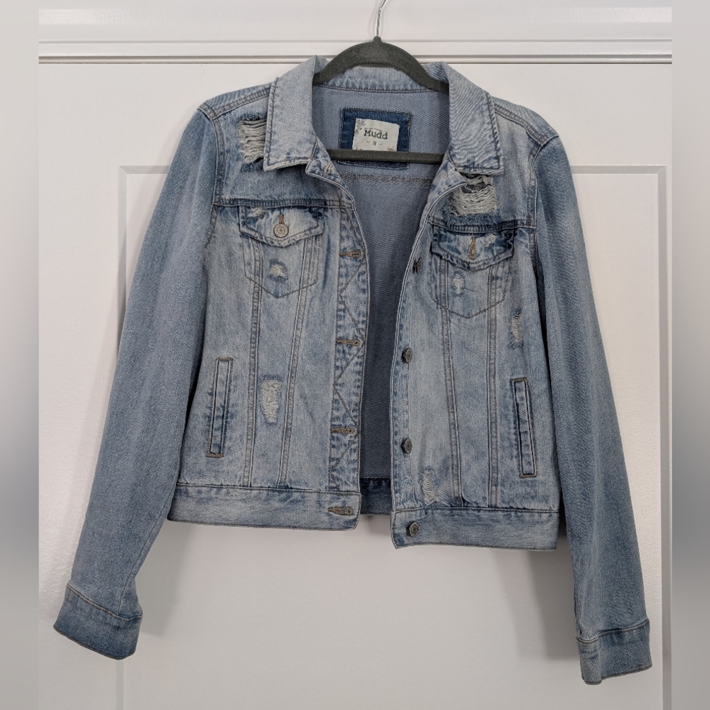 MUDD Lightwash Faded Blue Distressed Ripped Denim Jean Jacket Size Medium